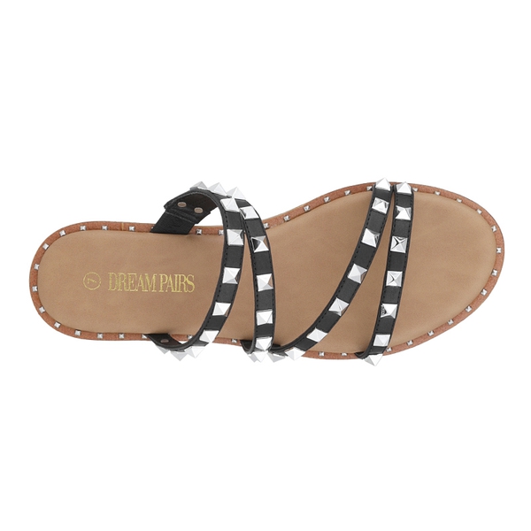 Clear Studded Rhinestone Flat Sandals - BLACK PU RIVET - 3
